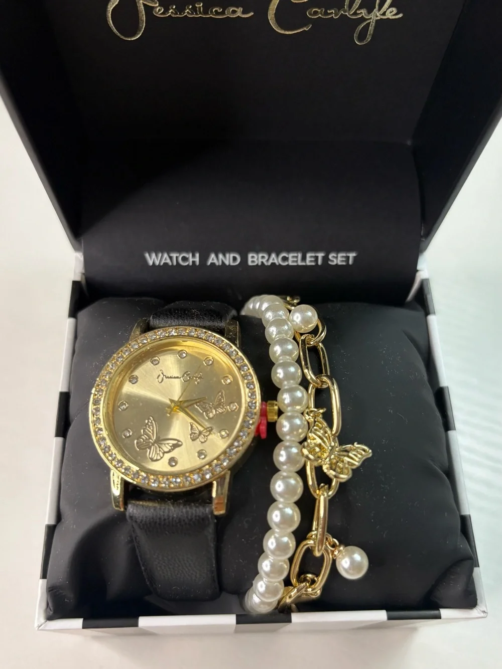 Gold Butterfly Watch & Pearl Bracelet Set - Black Strap